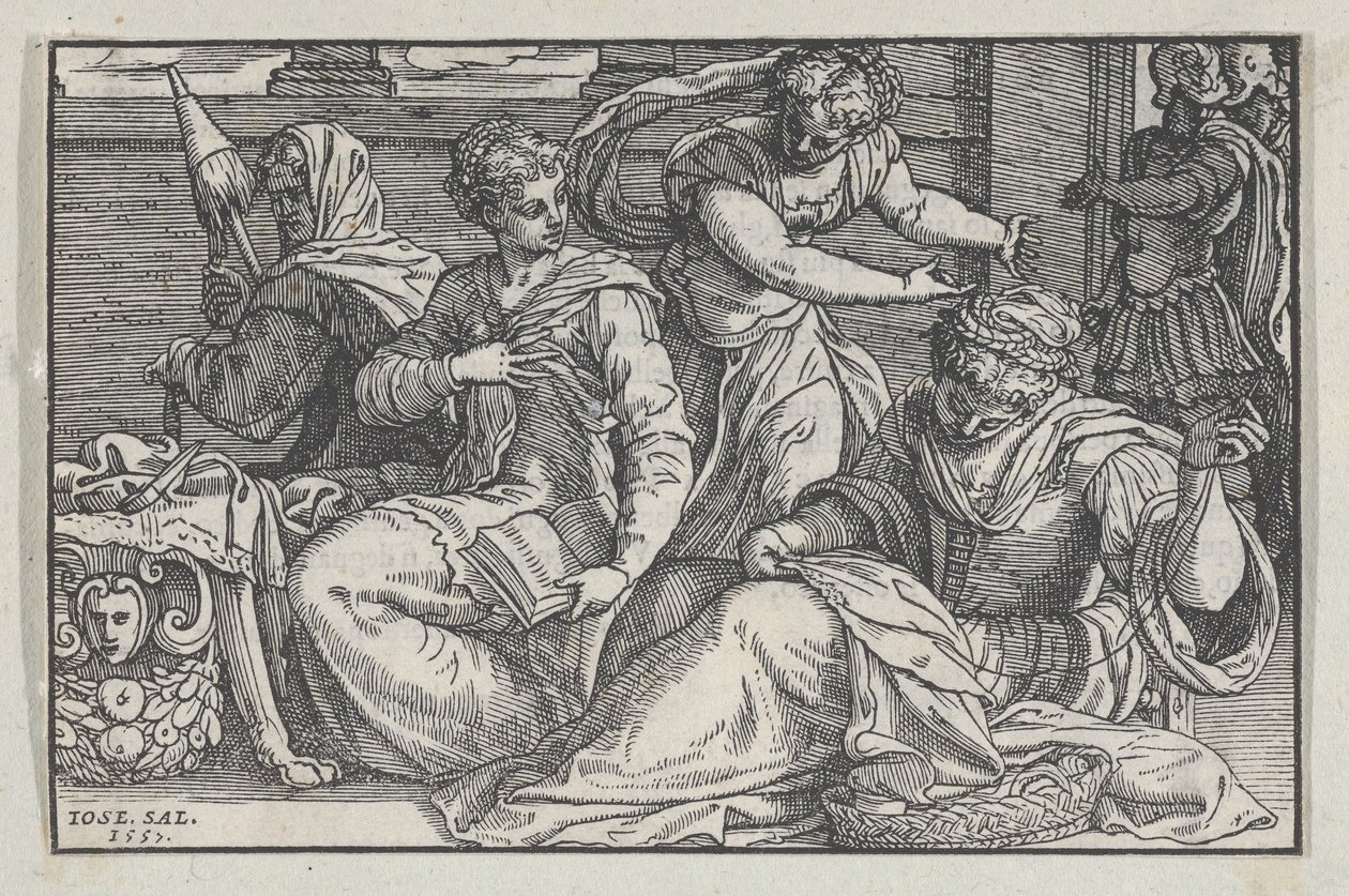 Lucretia instruerte døtrene sine i håndarbeid, 1557. av Giuseppe Porta