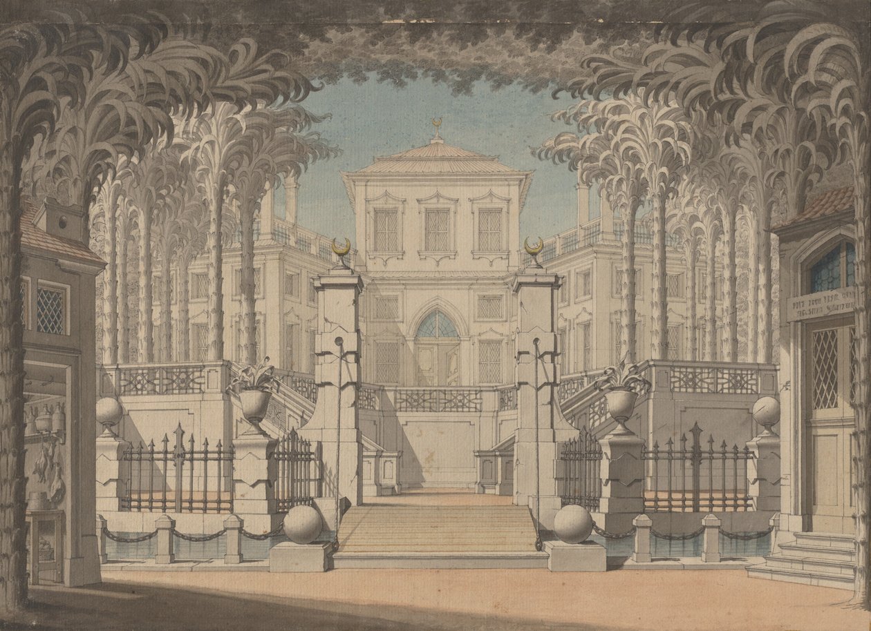 Et tyrkisk palass (sannsynligvis for Mozarts "bortføring fra Seraglio") av Giuseppe Quaglio