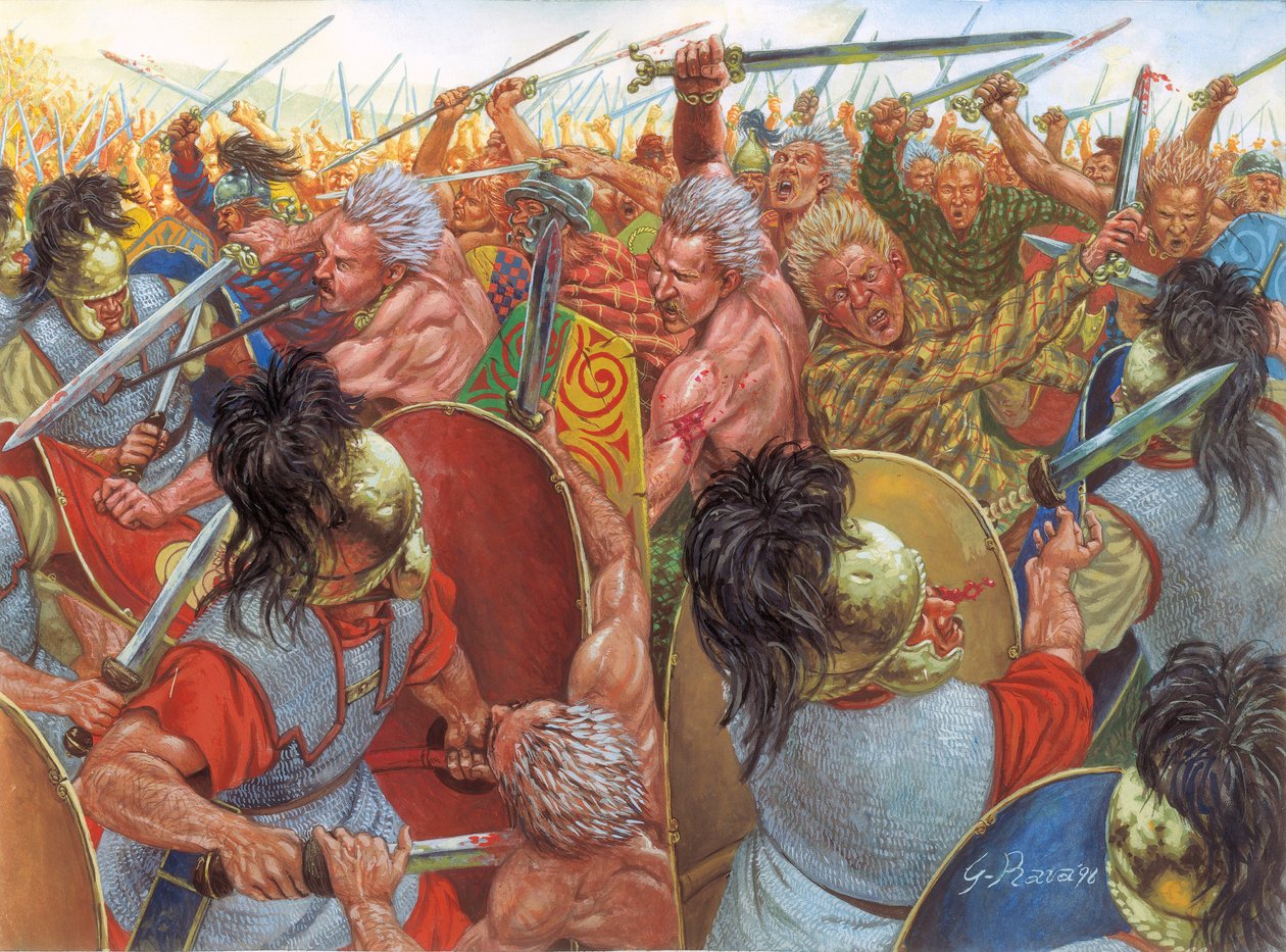 Gallisk krig: «Beleiringen av Alesia i 52 f.Kr.» Det avgjørende slaget mellom hæren til Jules Cæsar og Vercingetorix på stedet der den nåværende Alise-Sainte-Reine ligger - (Gallisk krig: beleiringen av Alesia i 52 f.Kr., slaget mellom Julius Cæsar og Verc av Giuseppe Rava