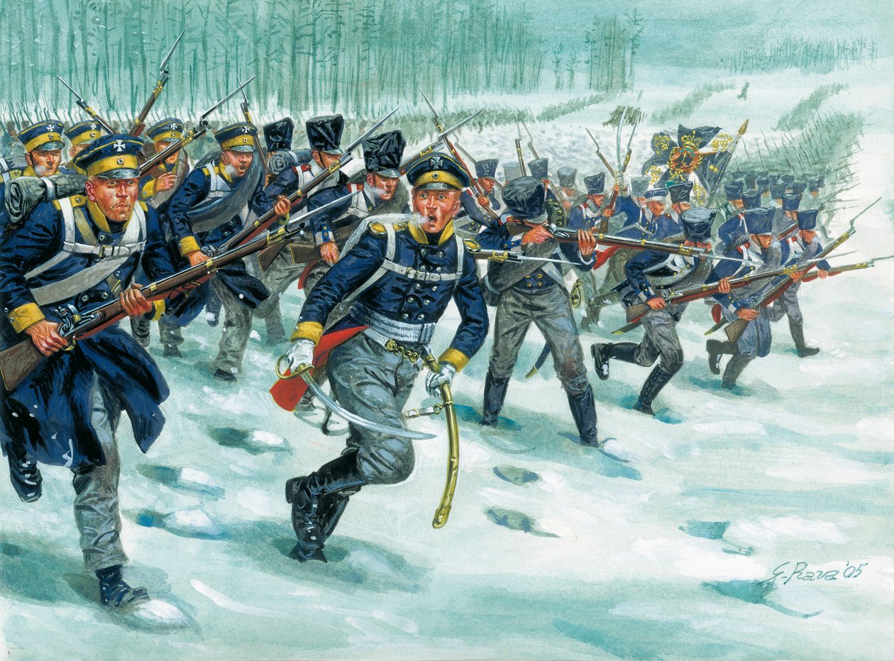 Landwehr (eller Landeswehr) av det prøyssiske infanteriet på snø av Giuseppe Rava
