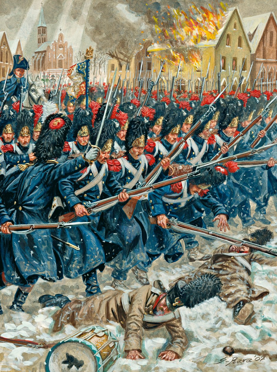 Prøyssisk felttog: «Våpenet i armen» Grenaderer fra den keiserlige garde i slaget ved Eylau 8. februar 1807 - Prøyssisk felttog: Slaget ved Eylau (eller slaget ved Preussisch-Eylau) 7. og 8. februar 1807 mellom Napoleons Grande Armée og en russisk E av Giuseppe Rava