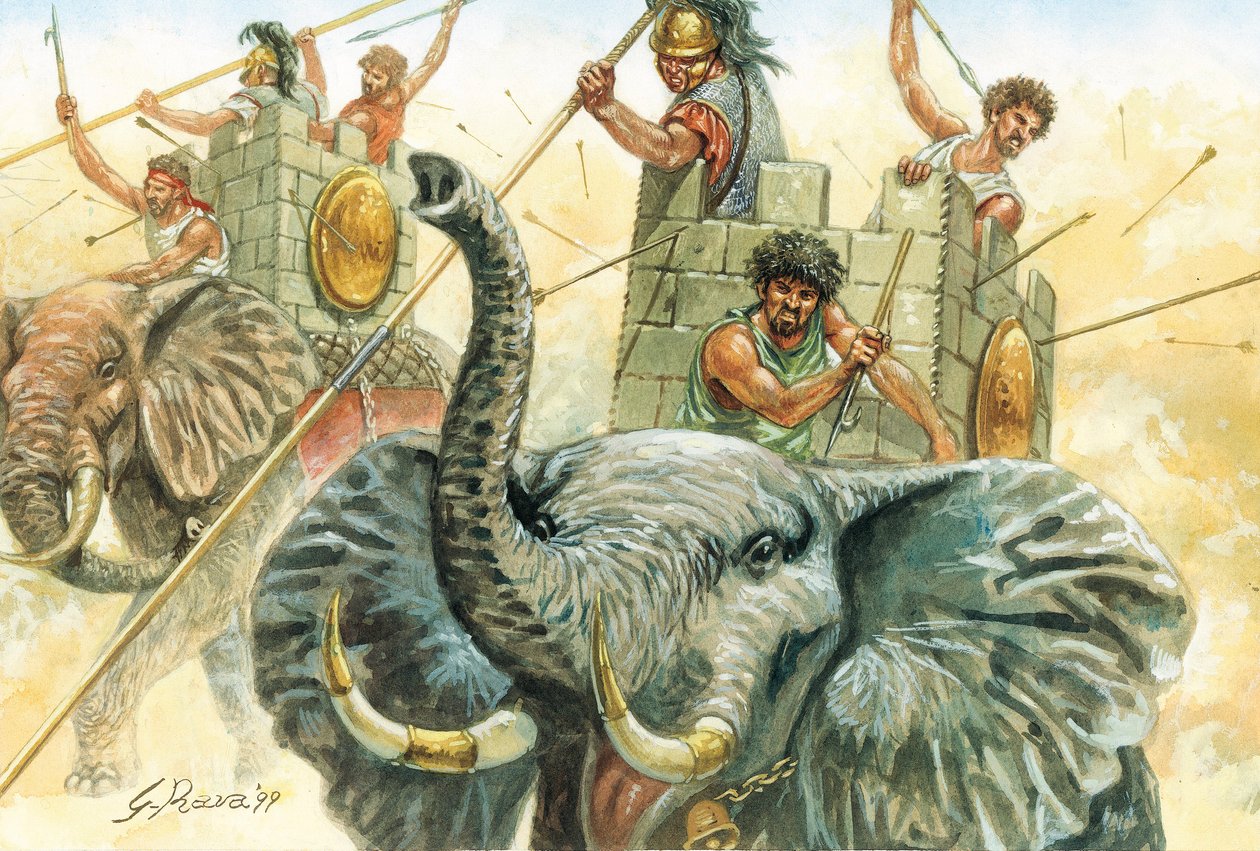 Romersk antikk: Hannibals elefanter - representasjon av elefanter som lot general Hannibal (247–183 f.Kr.) krysse Alpene i 218 f.Kr. under den andre puniske krigen Illustrasjon av Giuseppe Rava av Giuseppe Rava