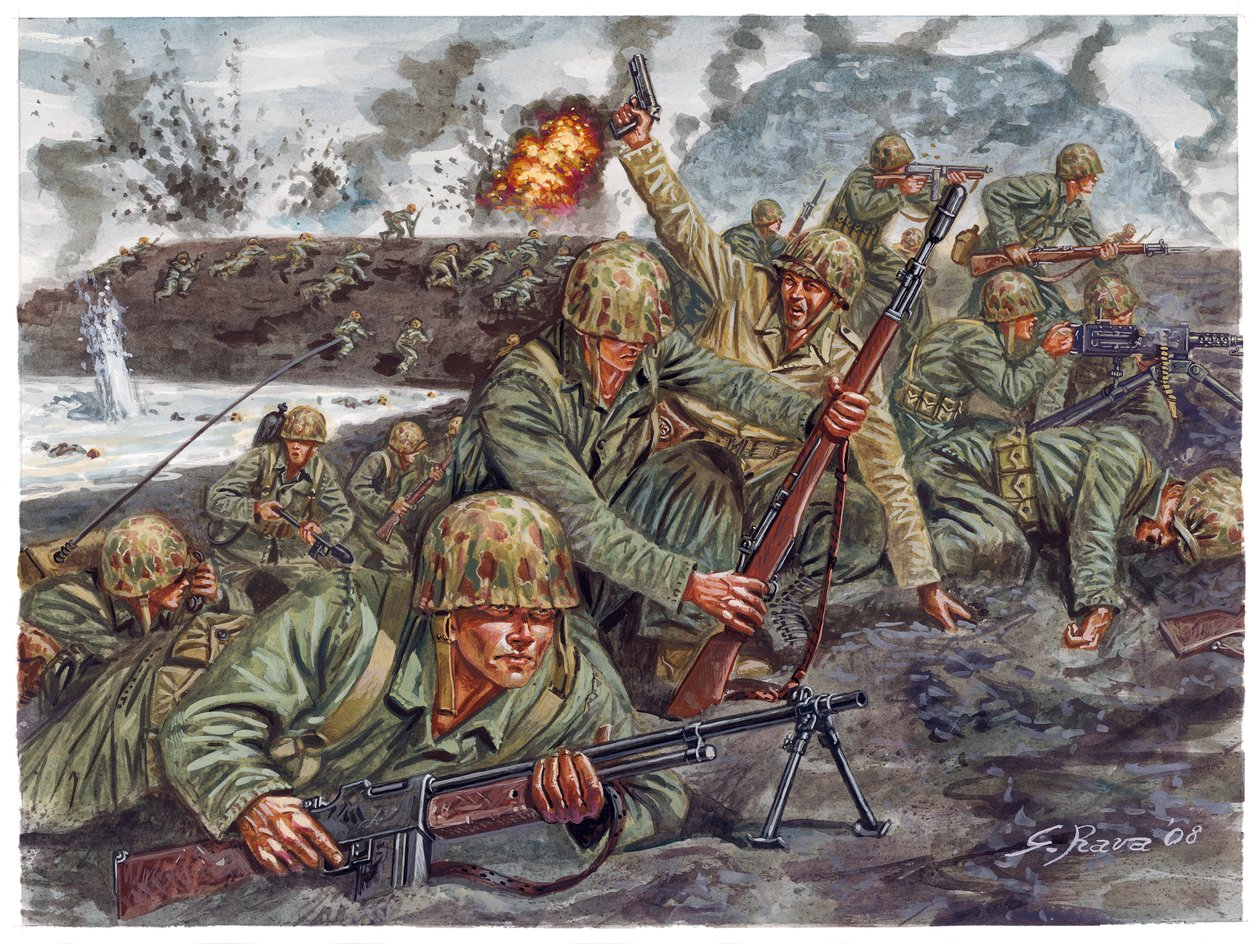 Andre verdenskrig, Stillehavskrigen: Landstigning 19.02.1945 av marinekorpsets amfibiske korps under slaget ved Iwo Jima i Japan - Andre verdenskrig, Stillehavskrigen: Slaget ved Iwo Jima (Operasjon Detachment), den amerikanske marinens amfibiske landgang  av Giuseppe Rava