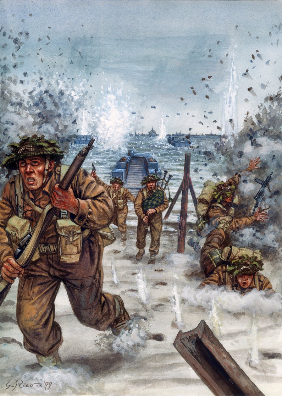 Andre verdenskrig: Skotske soldater under landstigningen i Normandie 06.06.1944 - Andre verdenskrig, D-dagen: Skotske soldater dagen for landgangen i Normandie, 6. juni 1944 - Illustrasjon av Giuseppe Rava av Giuseppe Rava