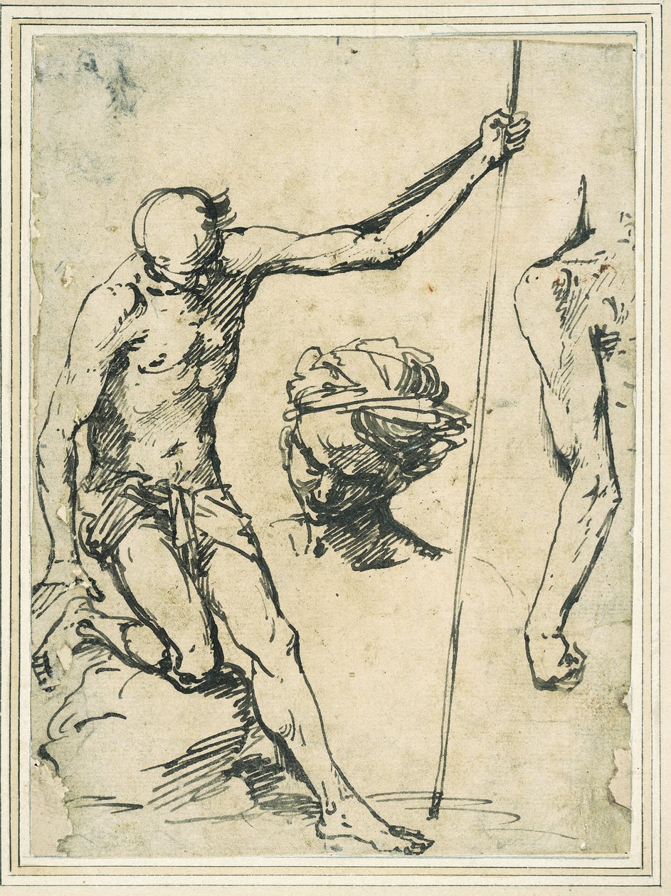 Figurstudier: mann som holder en stang, hodet til en mann med turban og venstre arm sett bakfra av Giuseppe Ribera
