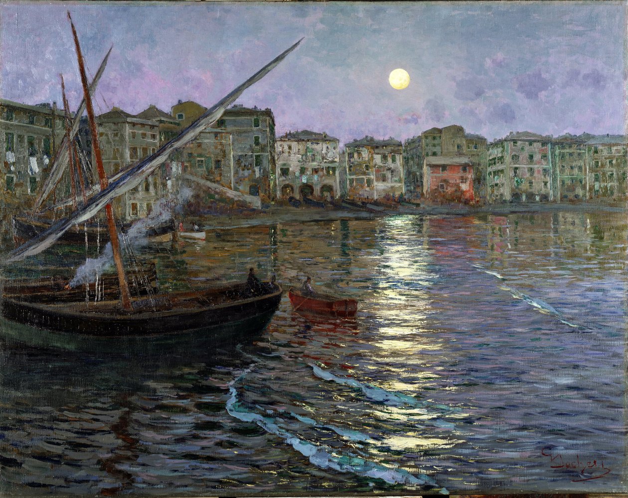 Poesia Lunare Port in the Moonlight (Utsikt over en havn ved måneskinn) (olje på lerret) av Giuseppe Sacheri