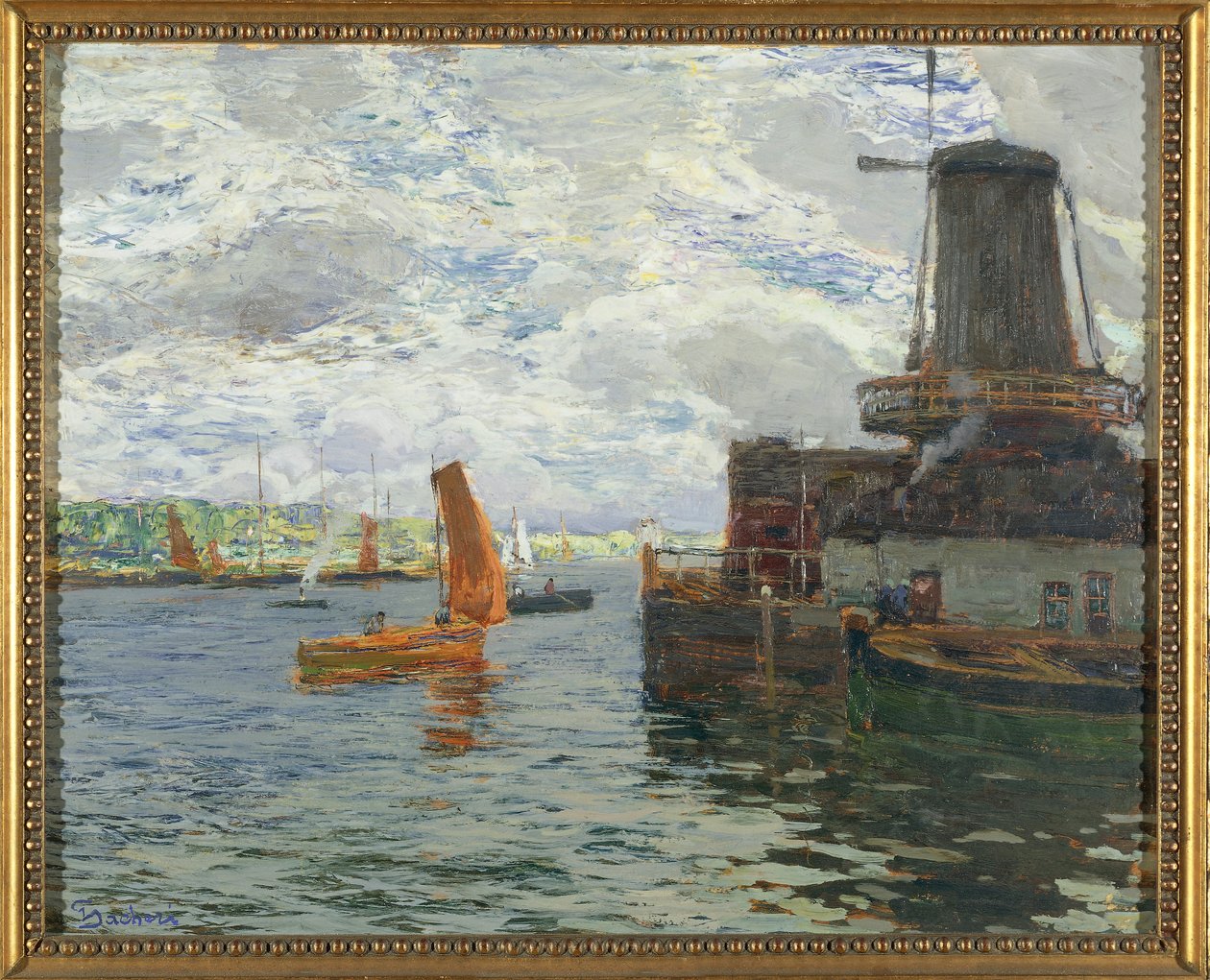 Vindmølle i Dordrecht (olje på kort) av Giuseppe Sacheri