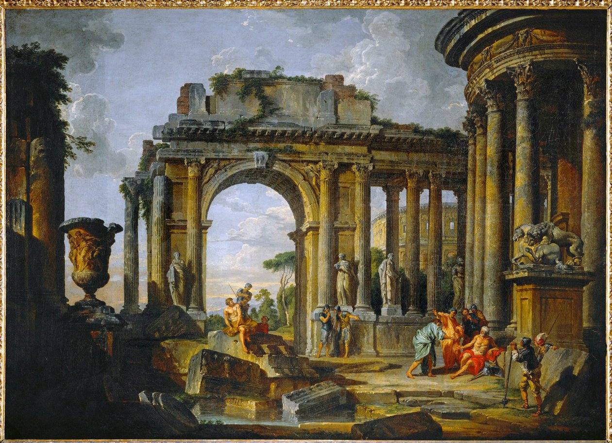 Almisse til Belisarius i ruinene (maleri på lerret) av Giuseppe & Salvi Nicola (1697-1751) Pannini