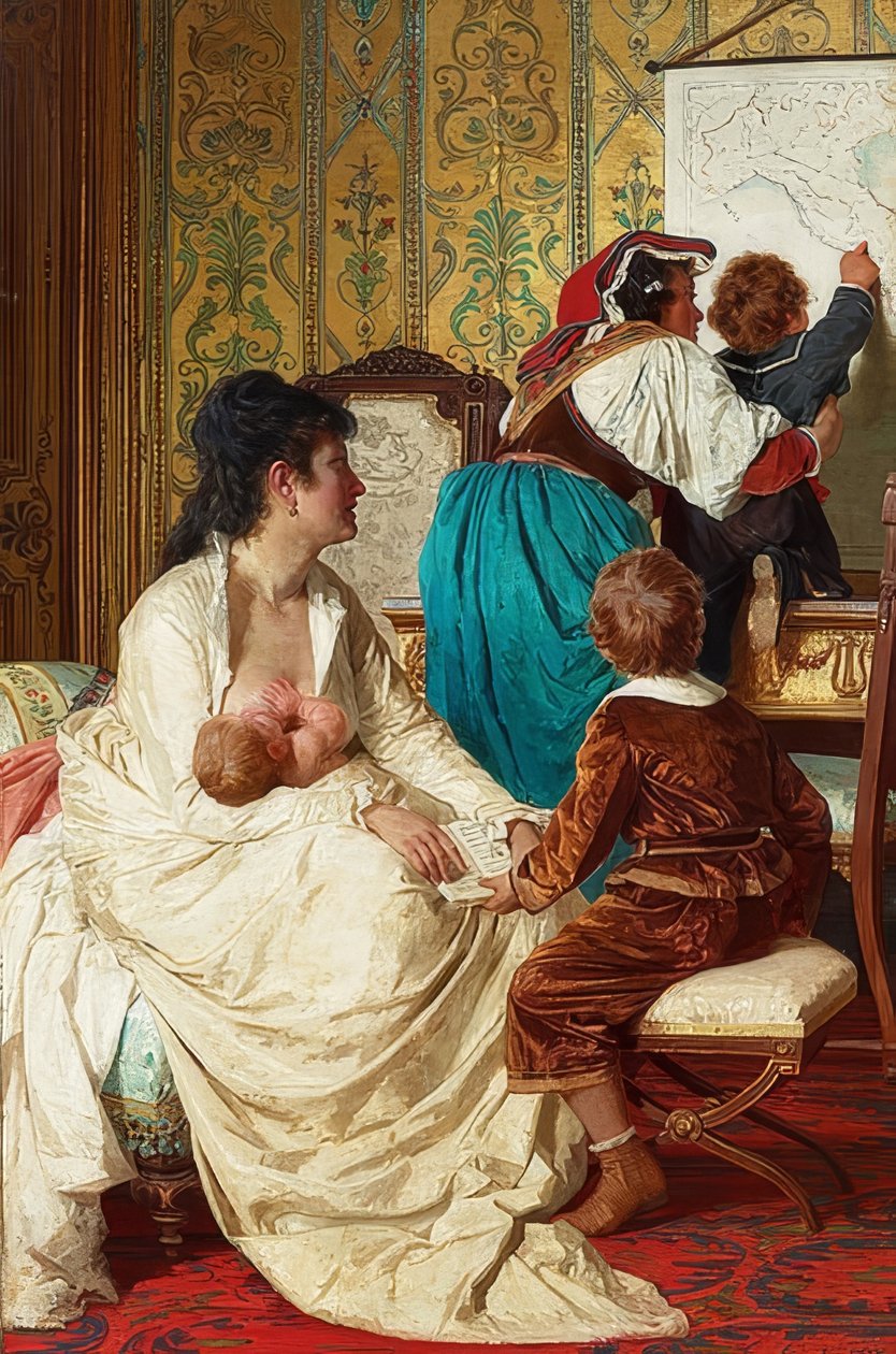 Gleden til en god mor (Le gioie della buona mamma). 1877 av Giuseppe Sciuti