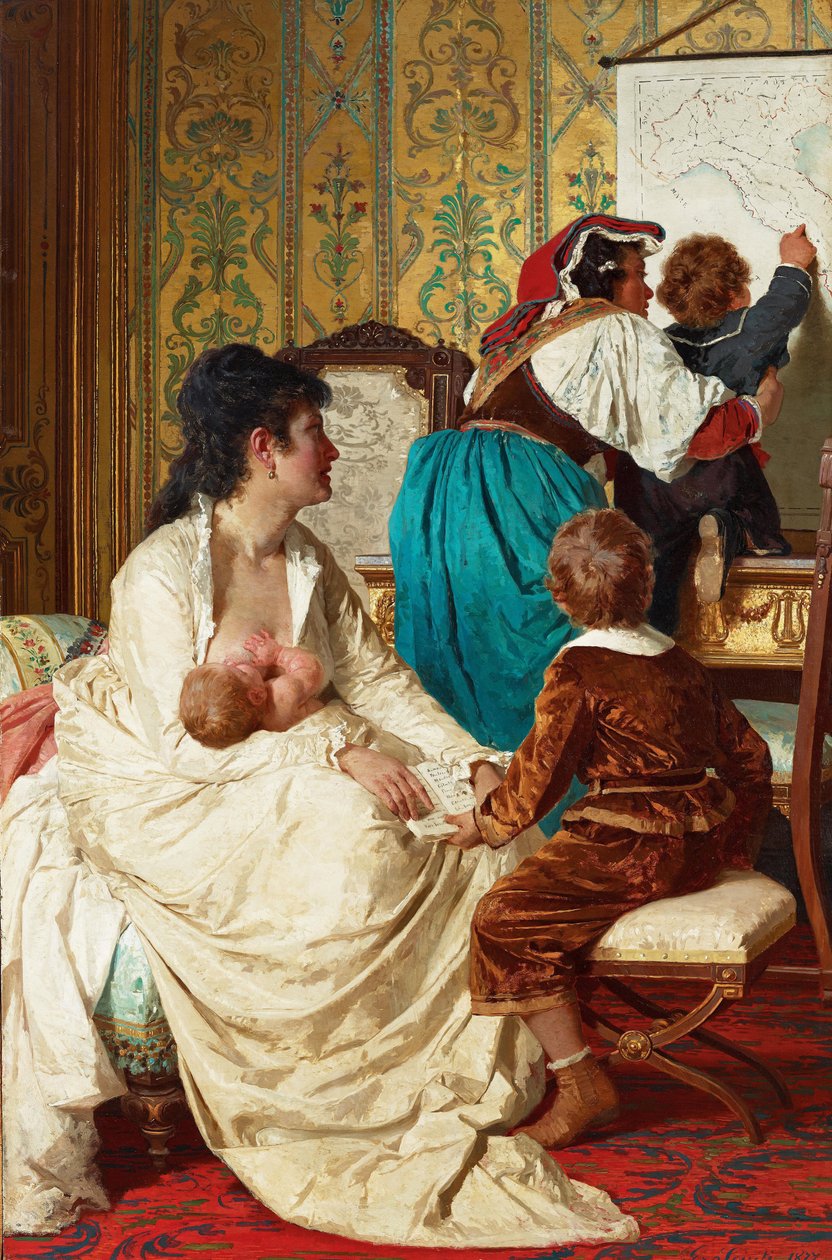 ""Les joies de la bonne mere"" (The Joys Of The Good Mother) En mor som ammer babyen sin - Maleri av Giuseppe Sciuti (1834-1911) 1877 Privat samling av Giuseppe Sciuti