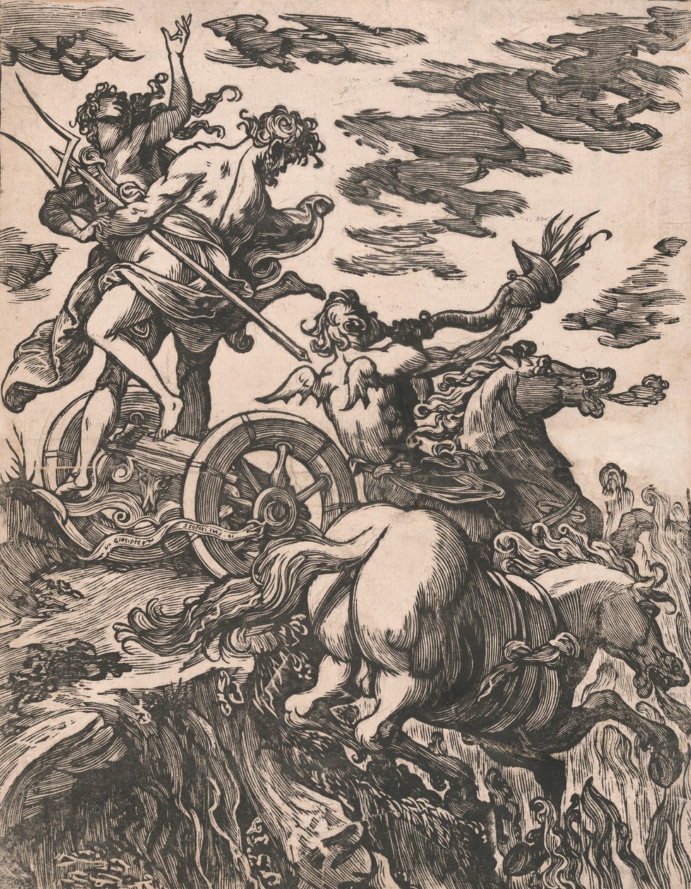 Voldtekt av Persefone med Pluto på hesteryggen til høyre, 1590-1607. av Giuseppe Scolari