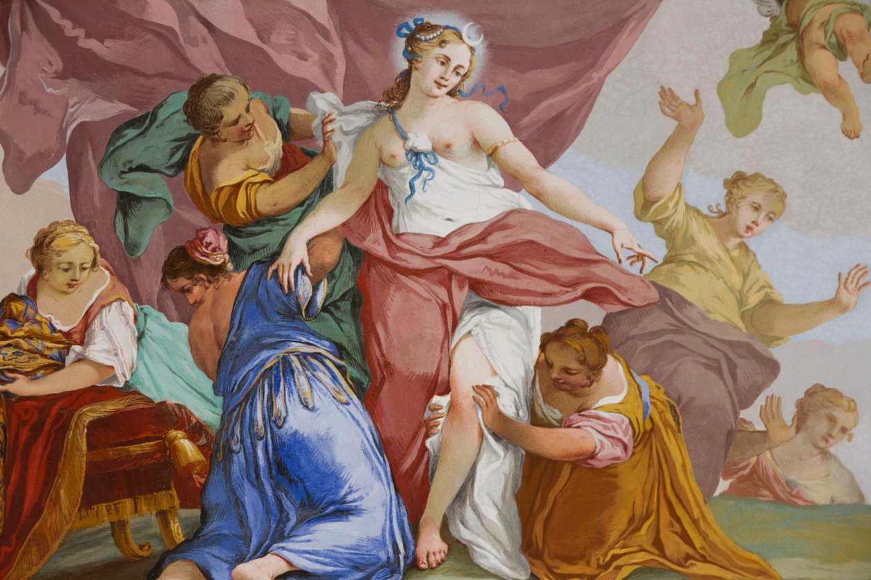 Representasjoner av myten om Diana, av Domenico og Giuseppe Valeriani, freskomaleri, hvelvet tak på soverommet, Kongens leilighet, Jaktbolig, av Filippo Juvarra (1678-1736), Stupinigi, Piemonte, Italia av Giuseppe and Valeriani Domenico Valeriani