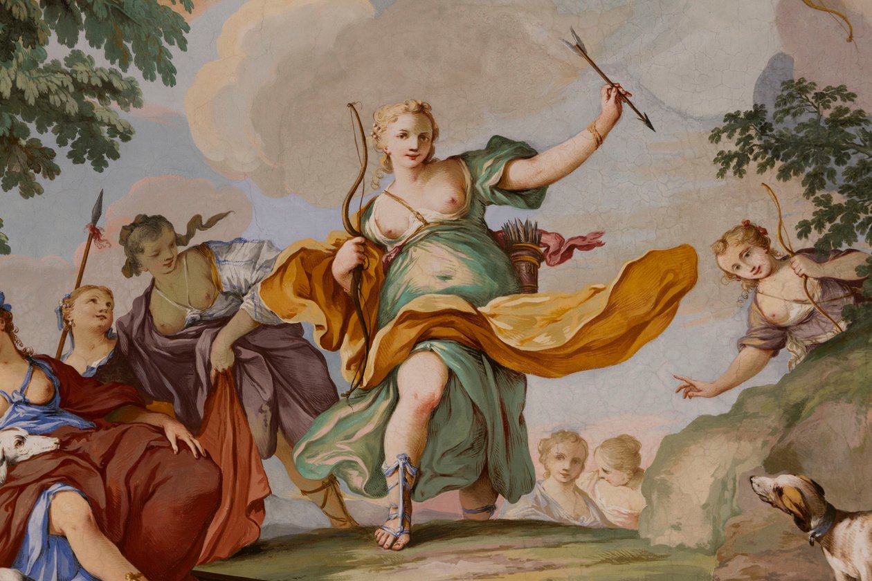 Representasjoner av myten om Diana, av Domenico og Giuseppe Valeriani, freskomaleri, hvelvet tak på soverommet, Kongens leilighet, Jaktbolig, av Filippo Juvarra (1678-1736), Stupinigi, Piemonte, Italia av Giuseppe and Valeriani Domenico Valeriani