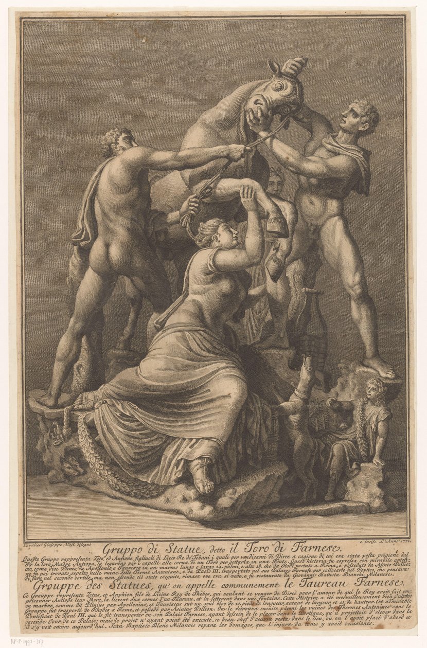 Dirce er knyttet til en stier Farnese Stier Gruppe av statuer, kalt Farnese Bull / Grouppe des Statues, qu 