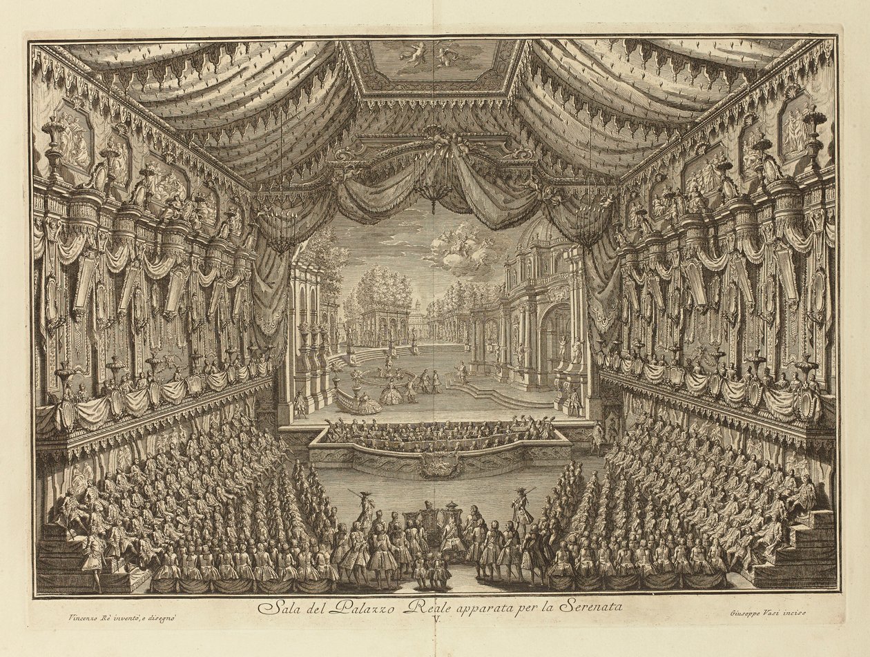 Fremførelsen av La Serenata i det kongelige palasset i Napoli par Vasi, Giuseppe (1710-1782). Kobbergravering, størrelse: 41,5x62 av Giuseppe Vasi