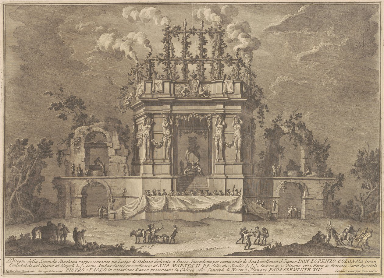 Seconda Macchina for Chinea av 1771: Et lystpalass dedikert til Bacchus, 1771. av Giuseppe Vasi