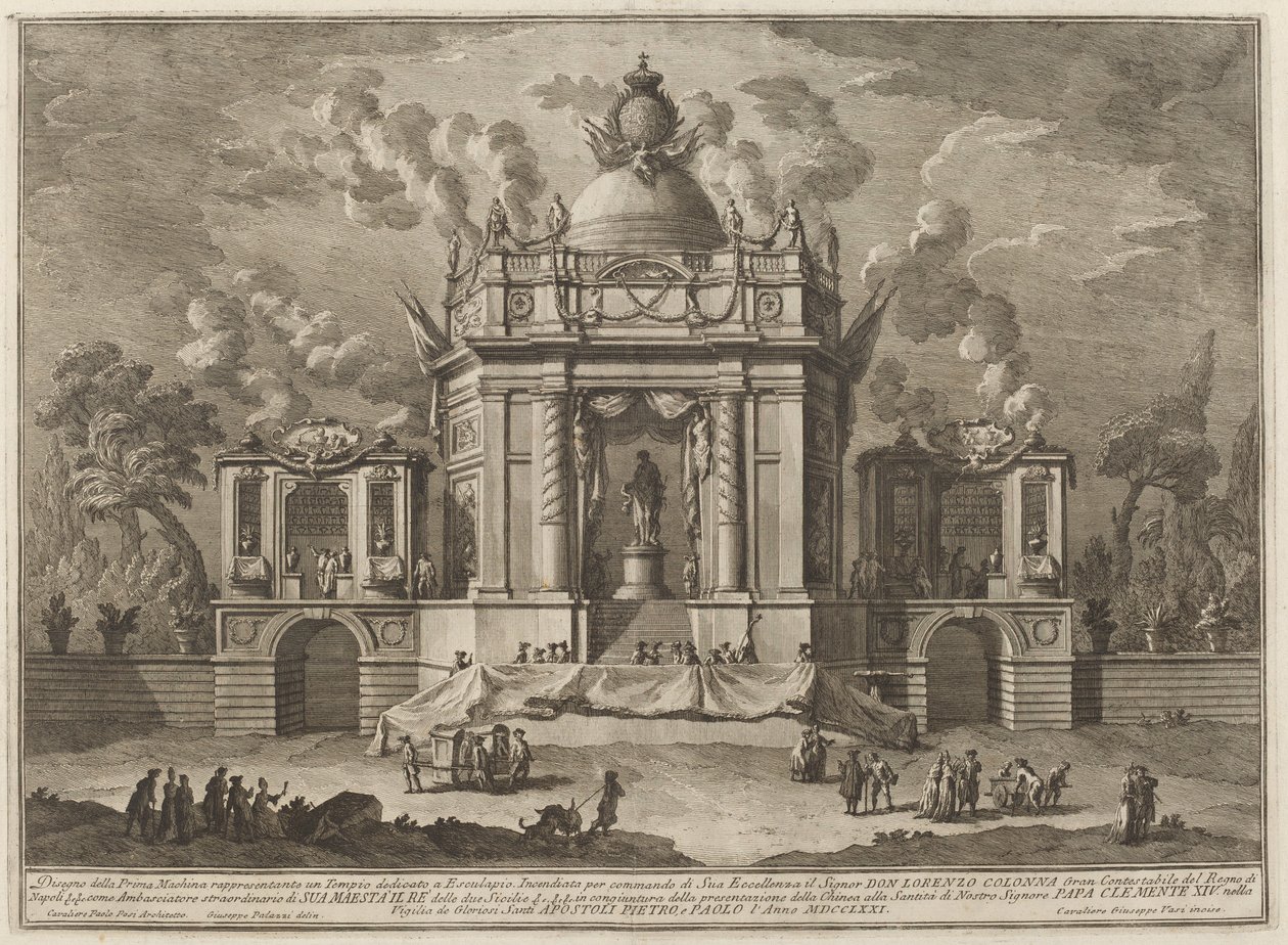 Et tempel dedikert til Aesculapius, for "Chinea"-festivalen av Giuseppe Vasi after Giuseppe Palazzi