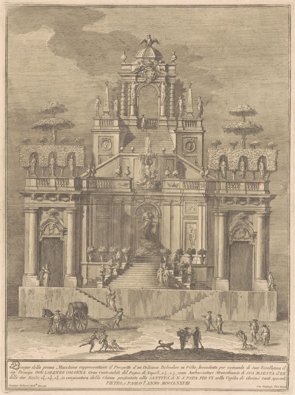 The Prima Macchina for the Chinea of 1778: A Countryside Belevedere with Hercules and Antaeus av Giuseppe Vasi, after Giuseppe Palazzi