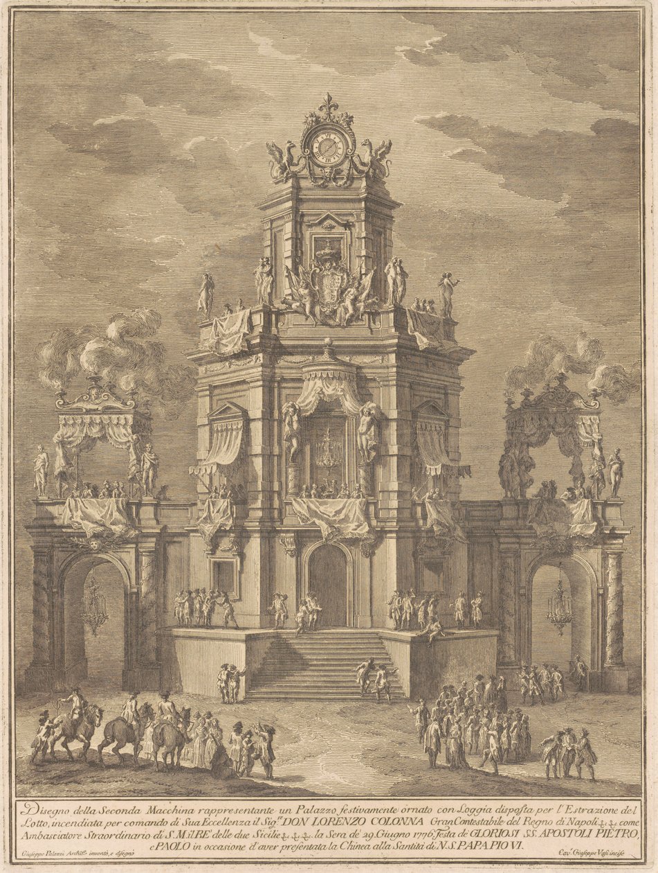 Seconda Macchina for Chinea av 1776: Et palass med en loggia for loddtrekningen av Giuseppe Vasi, after Giuseppe Palazzi