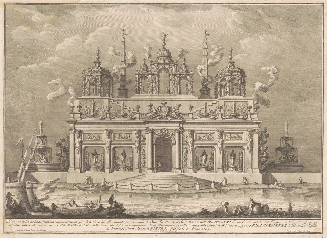 Prima Macchina for Chinea fra 1765: Hesperidenes hage av Giuseppe Vasi, after Giuseppe Palazzi, after Paolo Posi