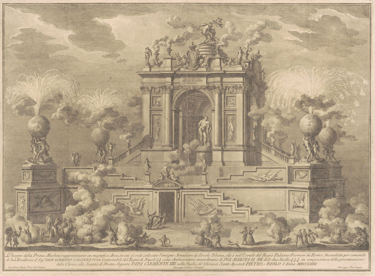 Prima Macchina for Chinea av 1767: En triumfbue med Farnese Hercules av Giuseppe Vasi, after Giuseppe Palazzi, after Paolo Posi