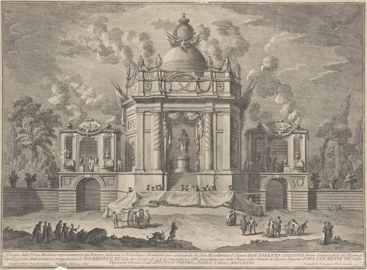 Prima Macchina for Chinea fra 1771: Asclepius-tempelet av Giuseppe Vasi, after Giuseppe Palazzi, after Paolo Posi