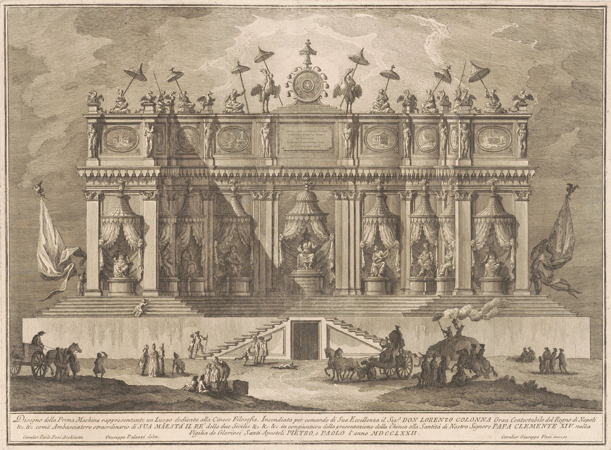 Prima Macchina for Kina av 1772: En bygning dedikert til kinesisk filosofi av Giuseppe Vasi, after Giuseppe Palazzi, after Paolo Posi
