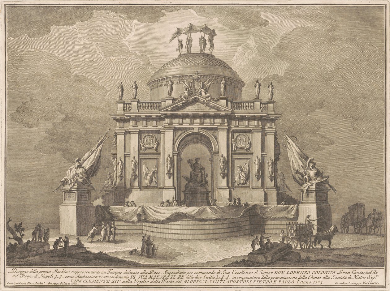 Prima Macchina for Chinea fra 1773: Fredens tempel av Giuseppe Vasi, after Giuseppe Palazzi, after Paolo Posi