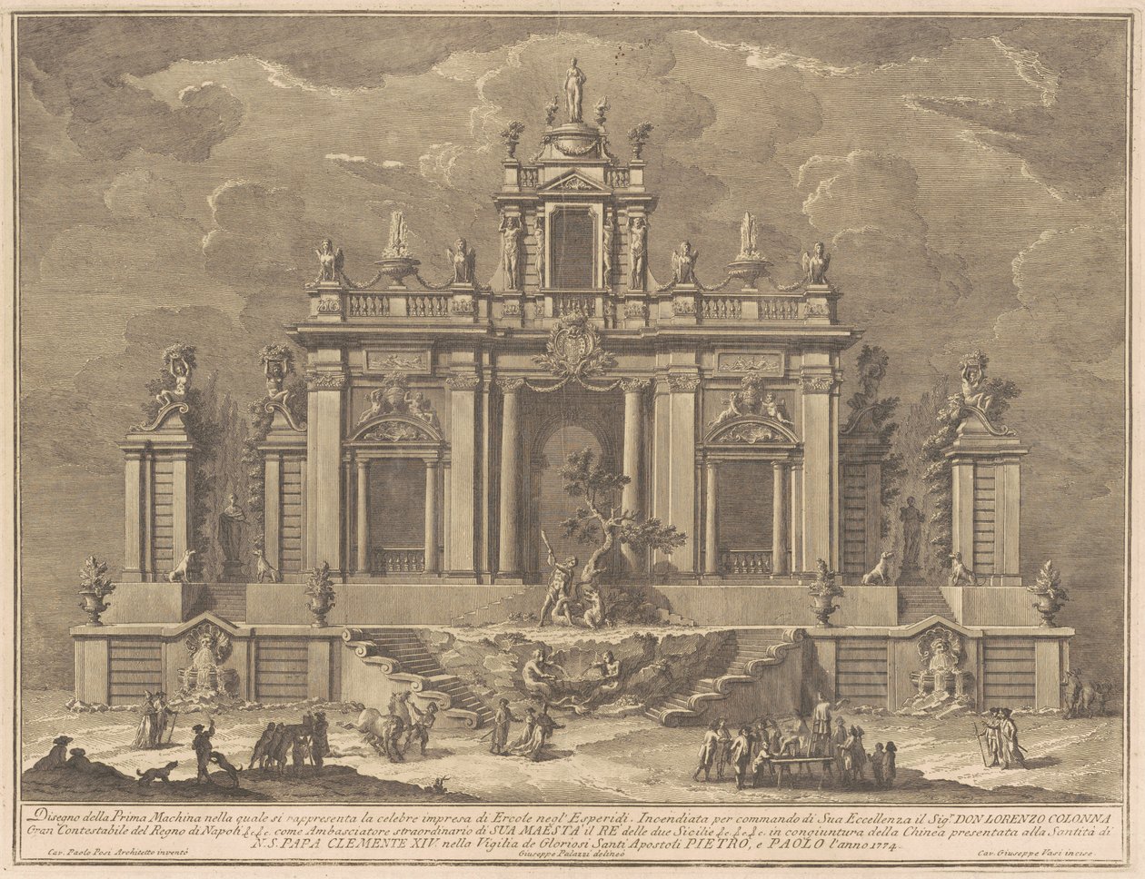 Prima Macchina for Kina fra 1774: Herkules og dragen i Hesperidenes hage av Giuseppe Vasi, after Giuseppe Palazzi, after Paolo Posi