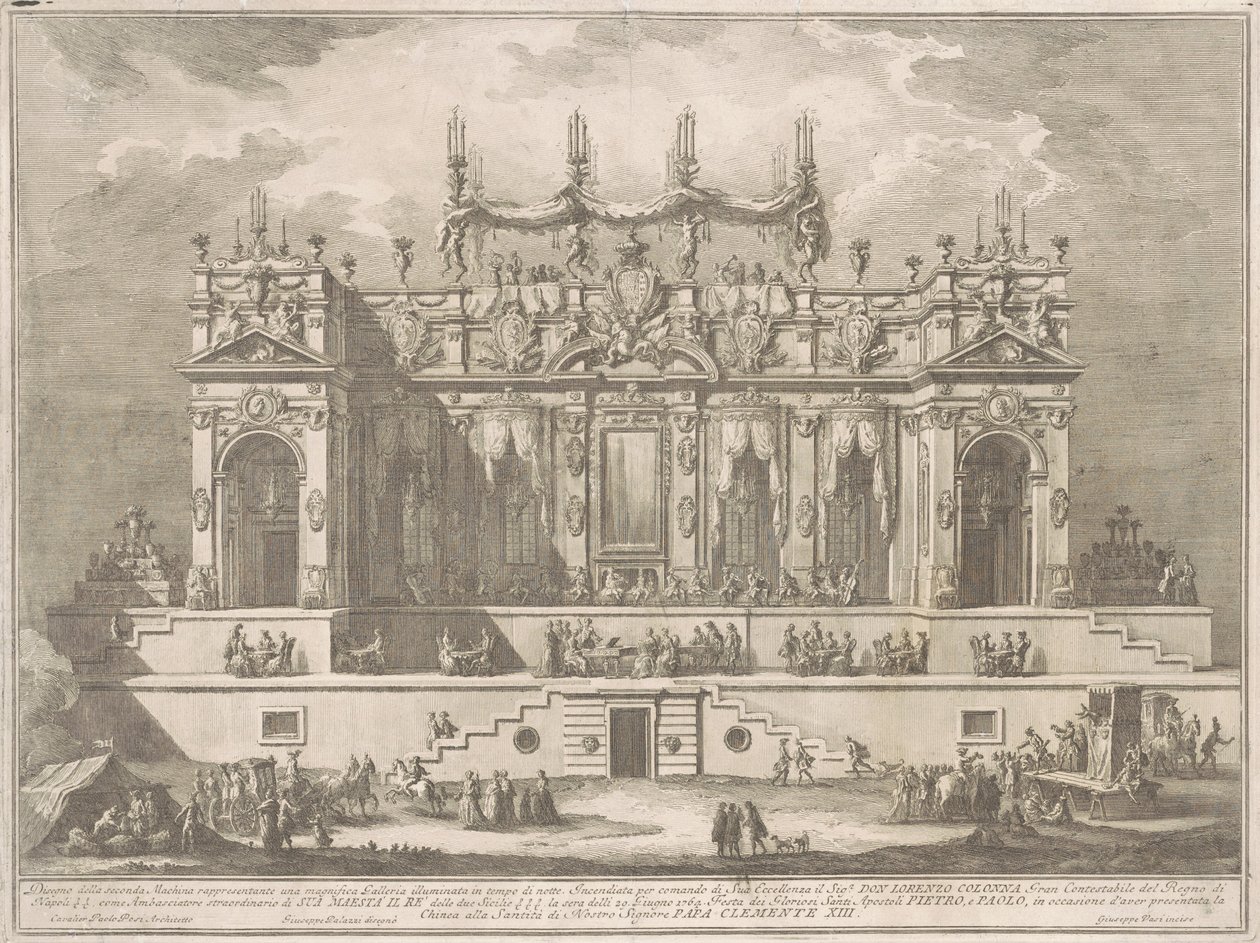 Seconda Macchina for Chinea av 1764: Et storslått galleri opplyst om natten av Giuseppe Vasi, after Giuseppe Palazzi, after Paolo Posi