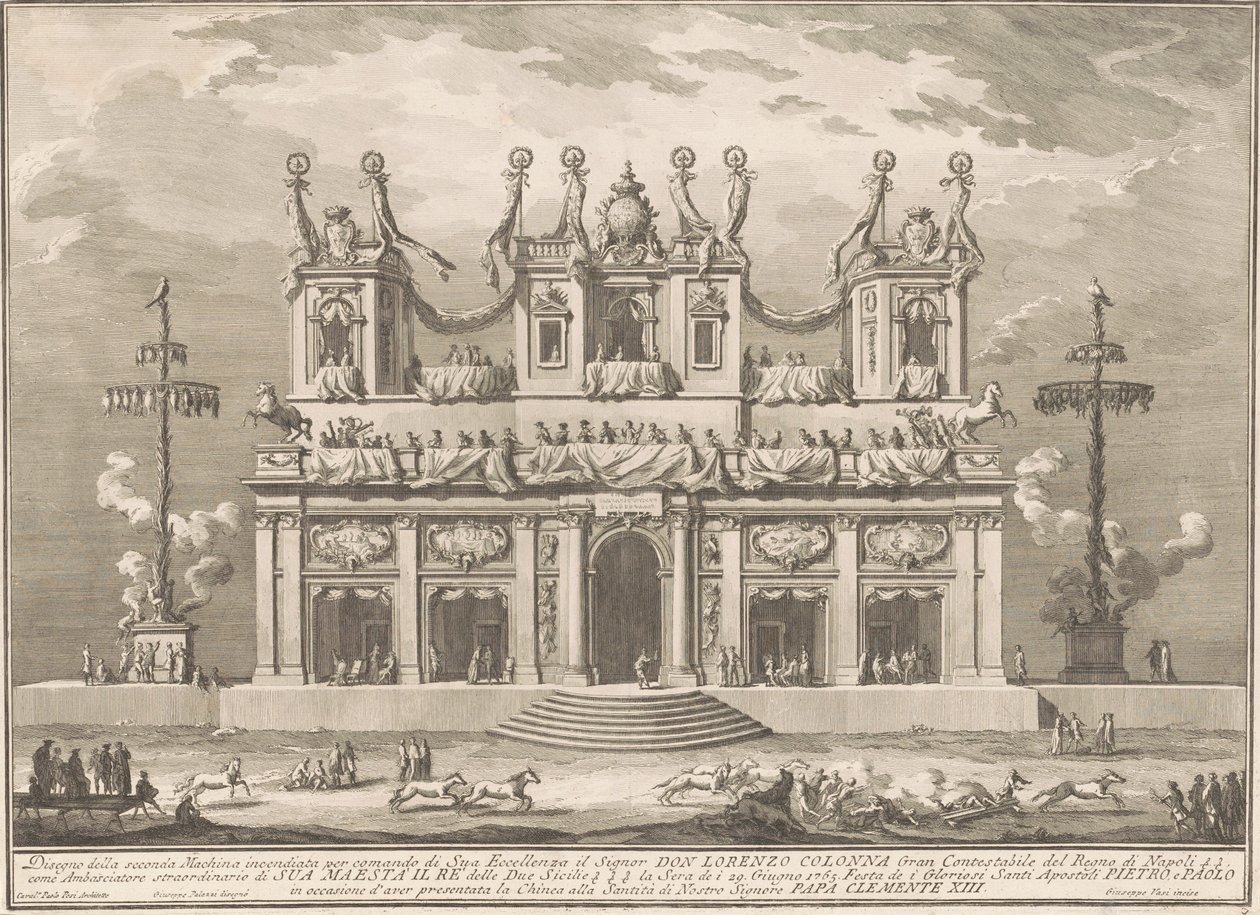 Seconda Macchina for Chinea av 1765: En dekorert bygning med Cockaigne-stenger av Giuseppe Vasi, after Giuseppe Palazzi, after Paolo Posi
