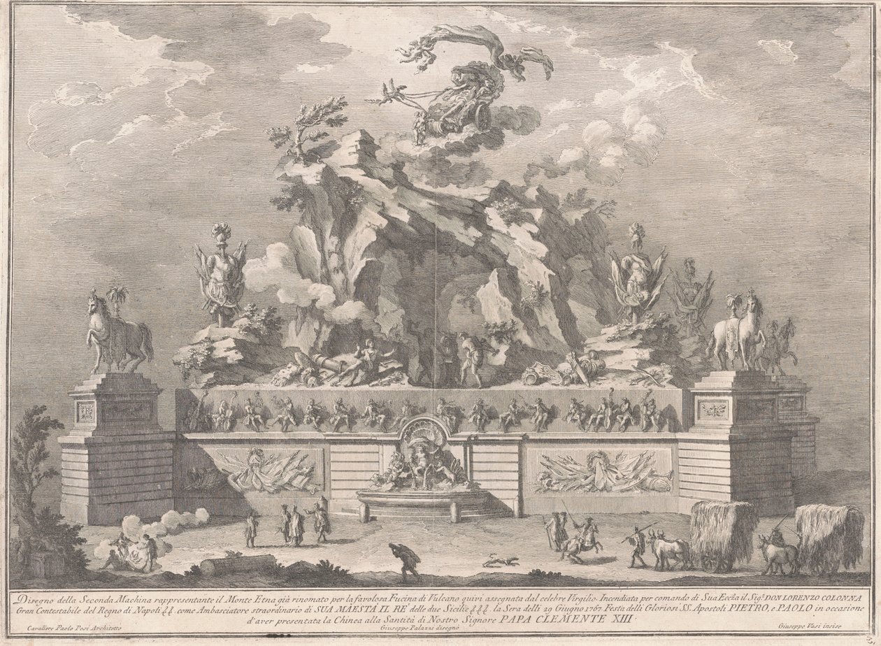 Seconda Macchina for Kina av 1767: Etna-fjellet med Vulcans smie av Giuseppe Vasi, after Giuseppe Palazzi, after Paolo Posi
