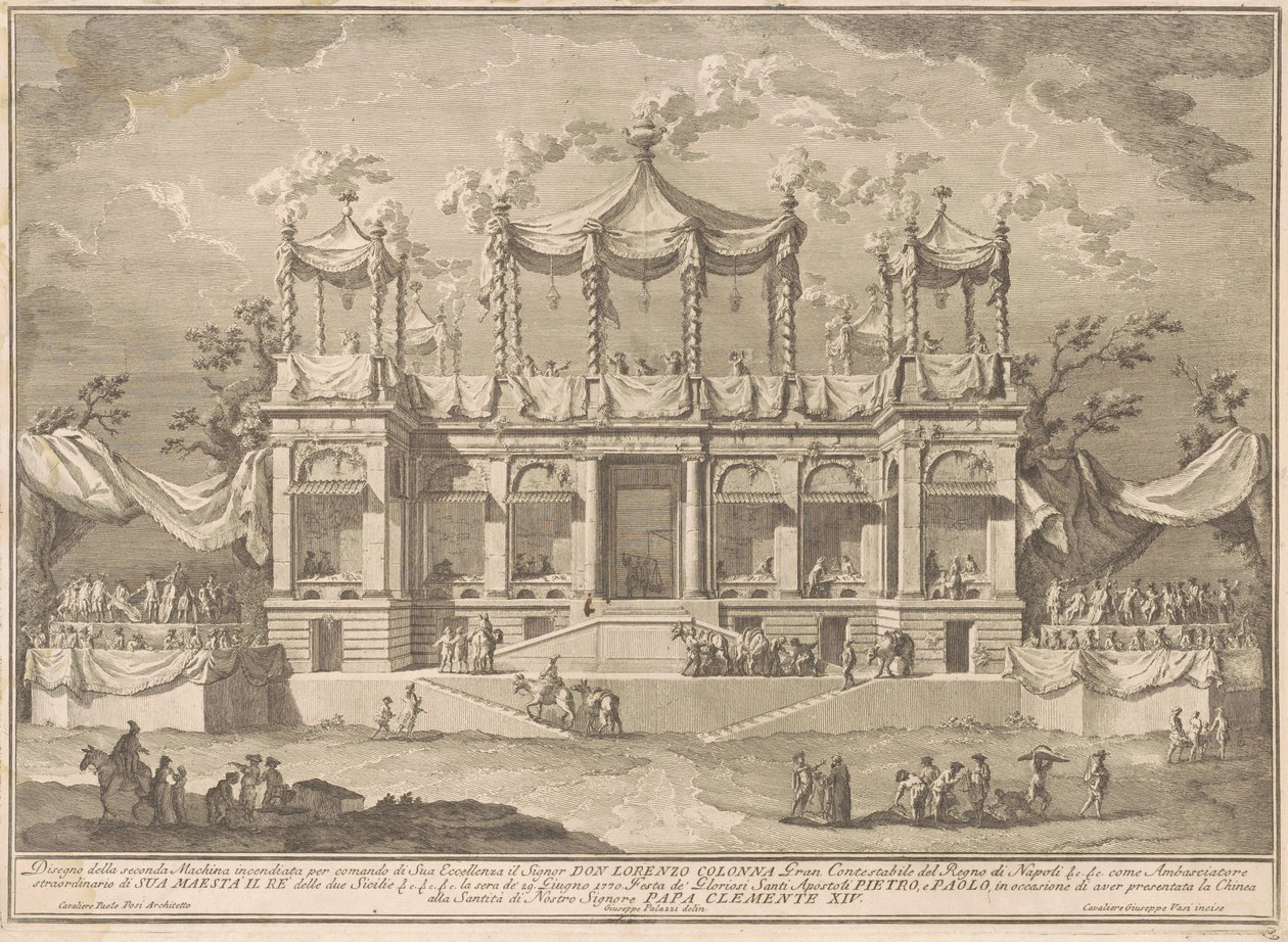 Seconda Macchina for Chinea av 1770: Fiskemarkedsportikoen av Giuseppe Vasi, after Giuseppe Palazzi, after Paolo Posi