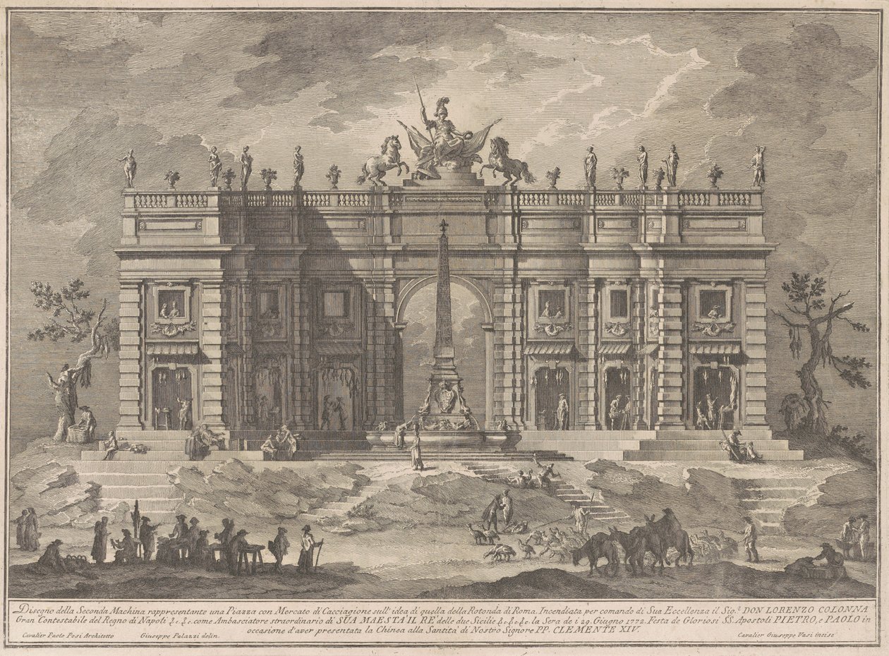 Seconda Macchina for Chinea av 1772: A Square with a Game Market and the Pantheon Fountain av Giuseppe Vasi, after Giuseppe Palazzi, after Paolo Posi