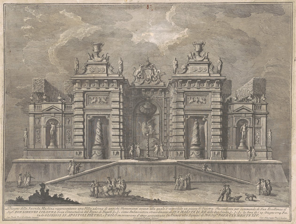 Seconda Macchina for Chinea av 1774: En villa med eldgamle monumenter og et spill av "Giostra" av Giuseppe Vasi, after Giuseppe Palazzi, after Paolo Posi