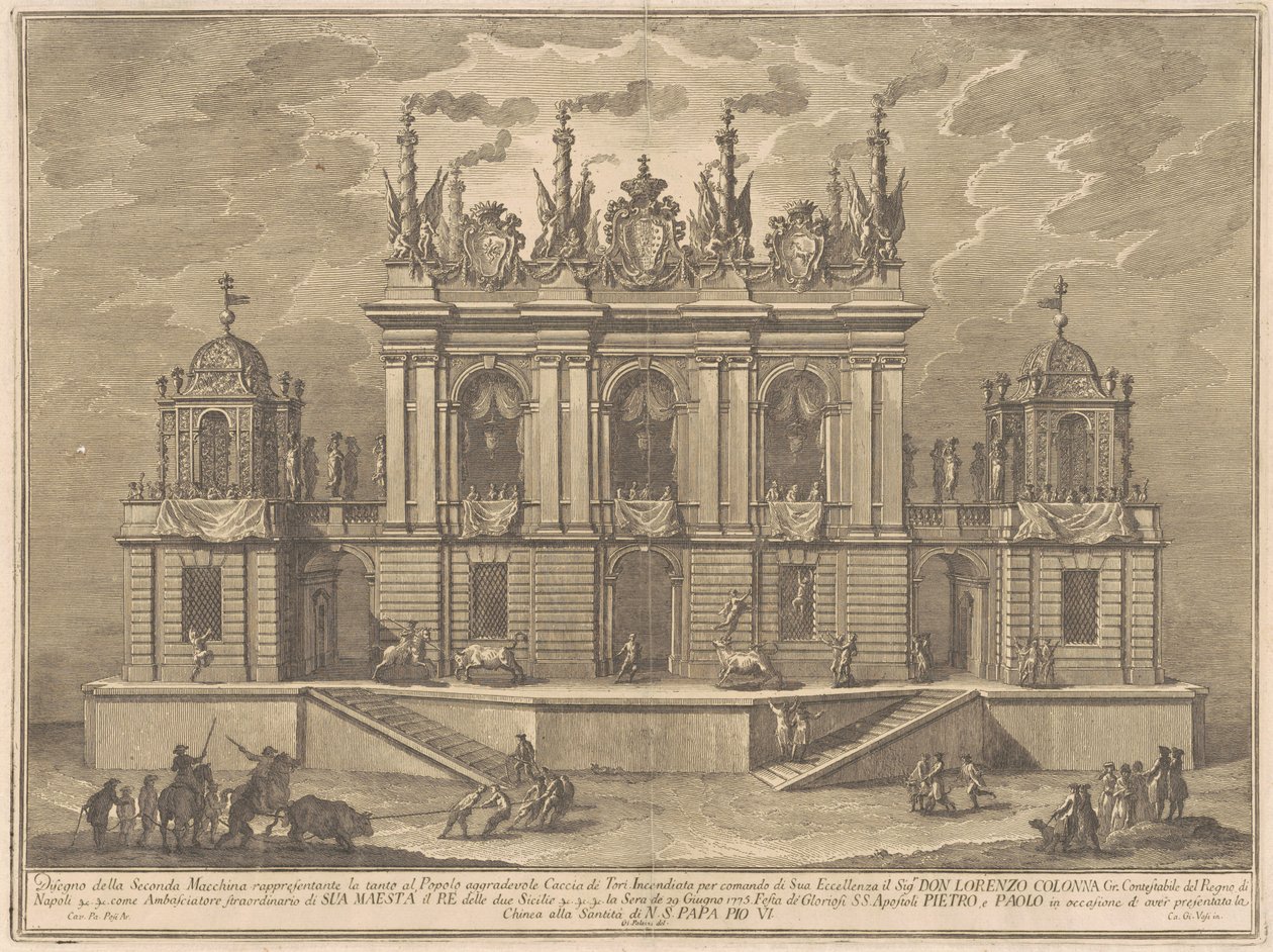 Seconda Macchina for Chinea fra 1775: En oksekamp av Giuseppe Vasi, after Giuseppe Palazzi, after Paolo Posi