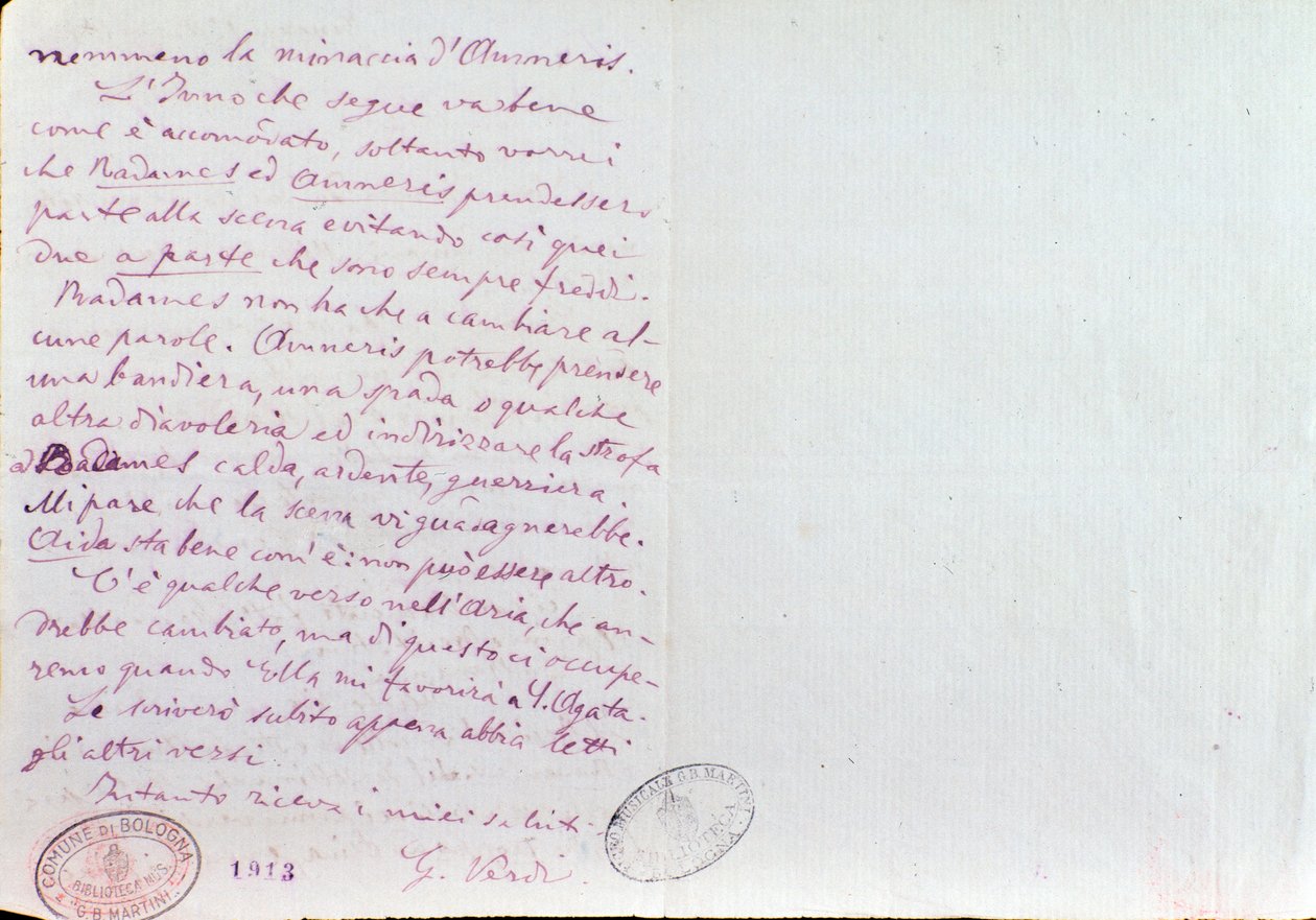 Håndskrevet brev fra Giuseppe Verdi til Aida librettos forfatter Antonio Ghislanzoni av Giuseppe Verdi