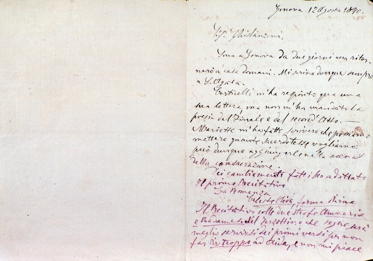 Håndskrevet brev fra Giuseppe Verdi til Aida librettos forfatter Antonio Ghislanzoni av Giuseppe Verdi