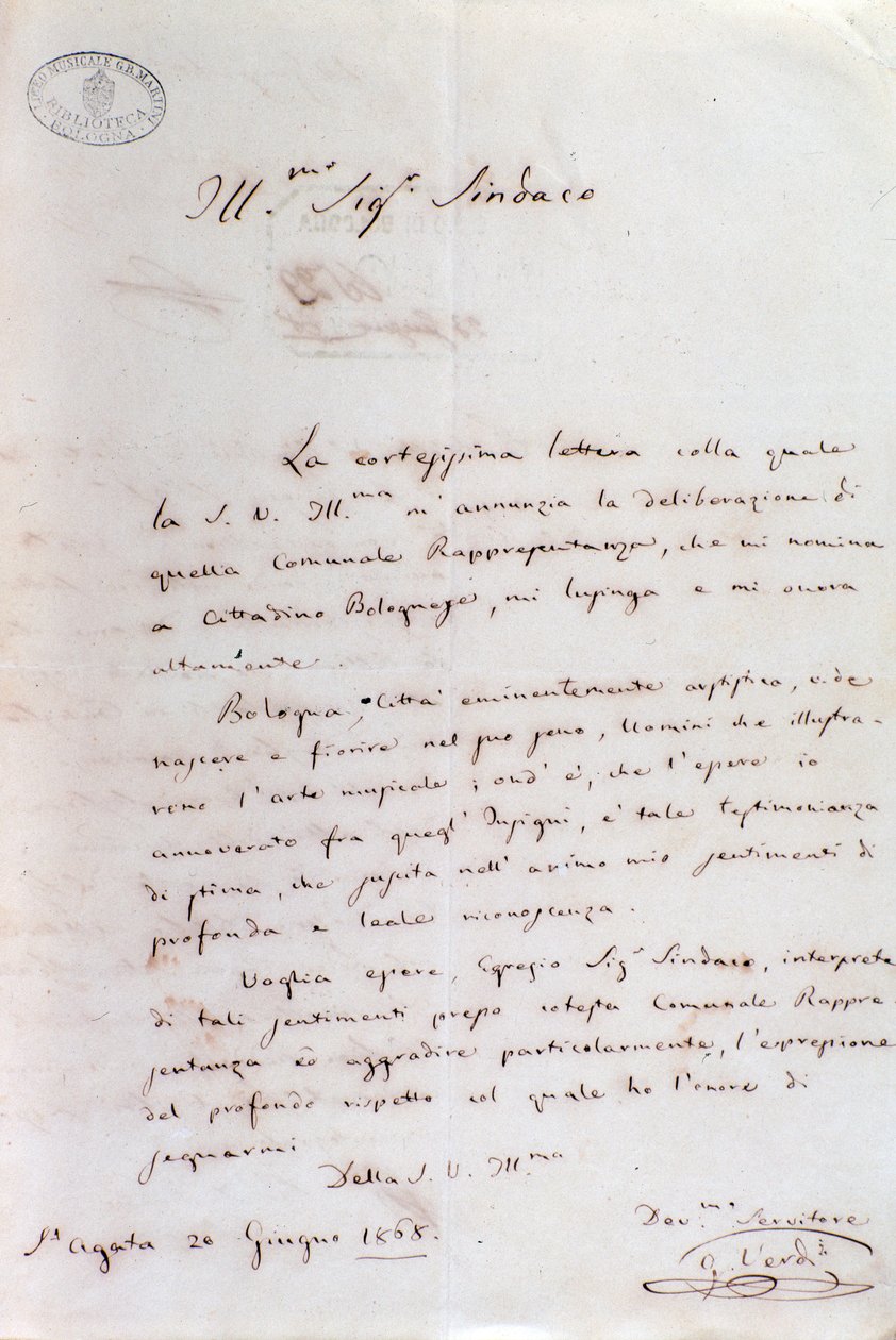 Håndskrevet brev fra Giuseppe Verdi til Bolognas ordfører da han ble æresborger, 20. juni av Giuseppe Verdi