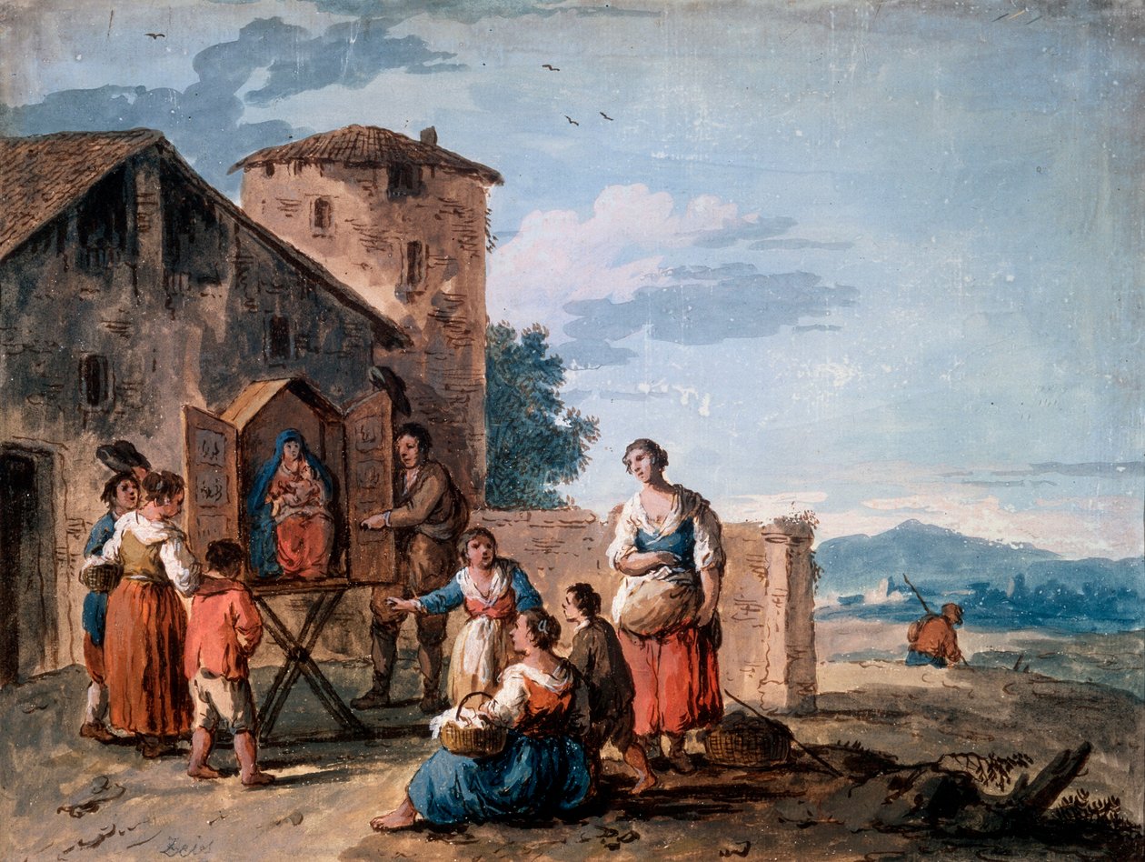 En gruppe bønder foran tabernaklet med den stående Madonna-statuen, c1750. av Giuseppe Zais