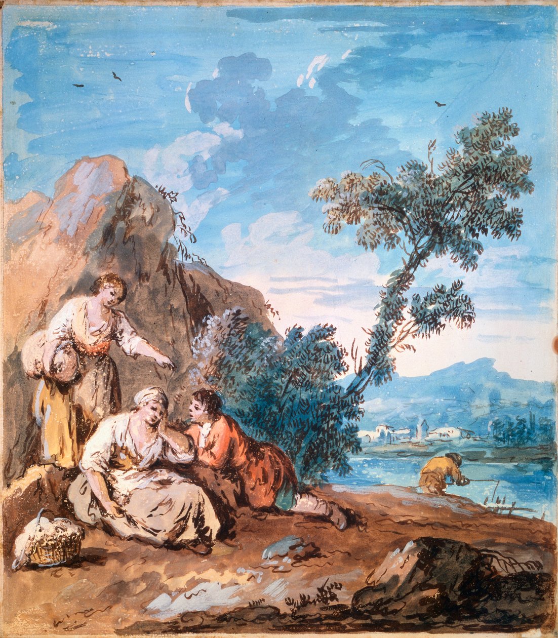 Tre bønder hviler på en elvebredd, c1750. av Giuseppe Zais