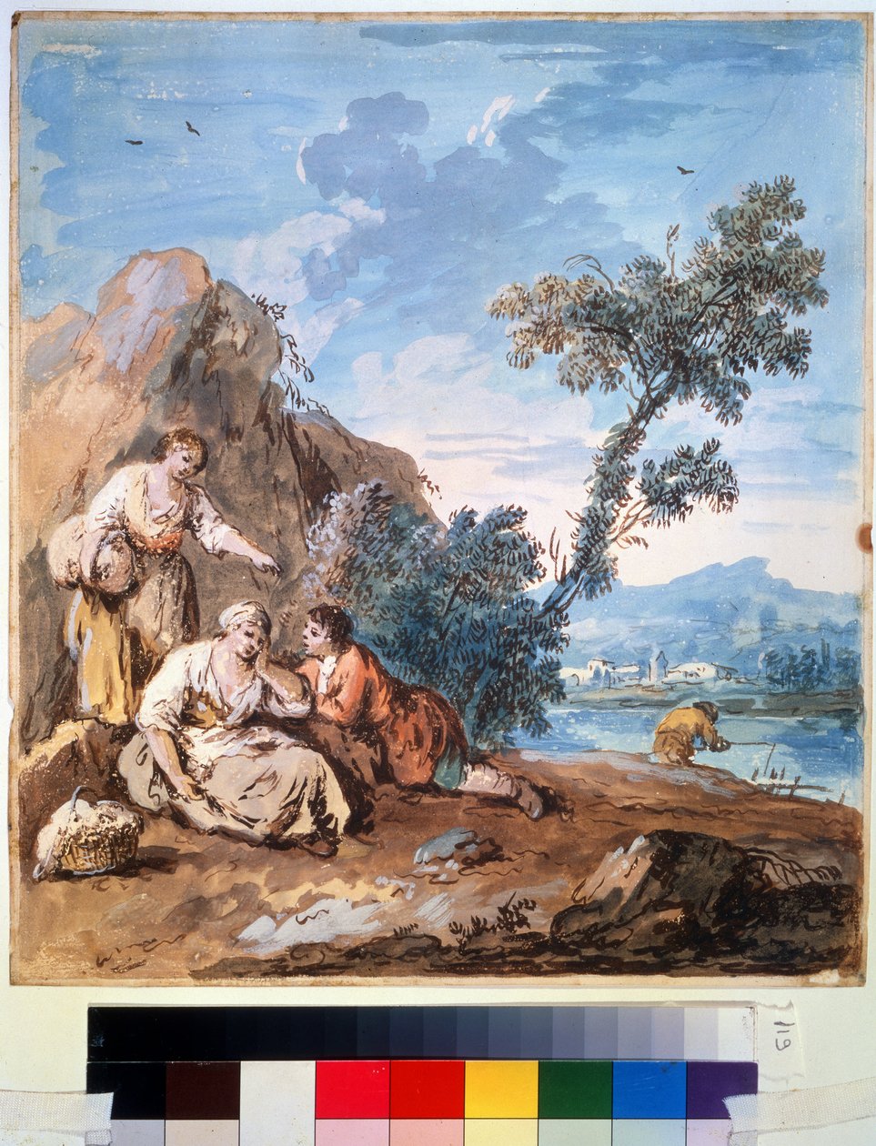 Tre bønder hviler på en elvebredd. Maleri av Giuseppe Zais (1709-1784). Akvarell på papir, 29,5 x 26,2 cm, ca 1750. Venetiansk skole, italiensk maleri 1700-tallet. Pushkin kunstmuseum, av Giuseppe Zais
