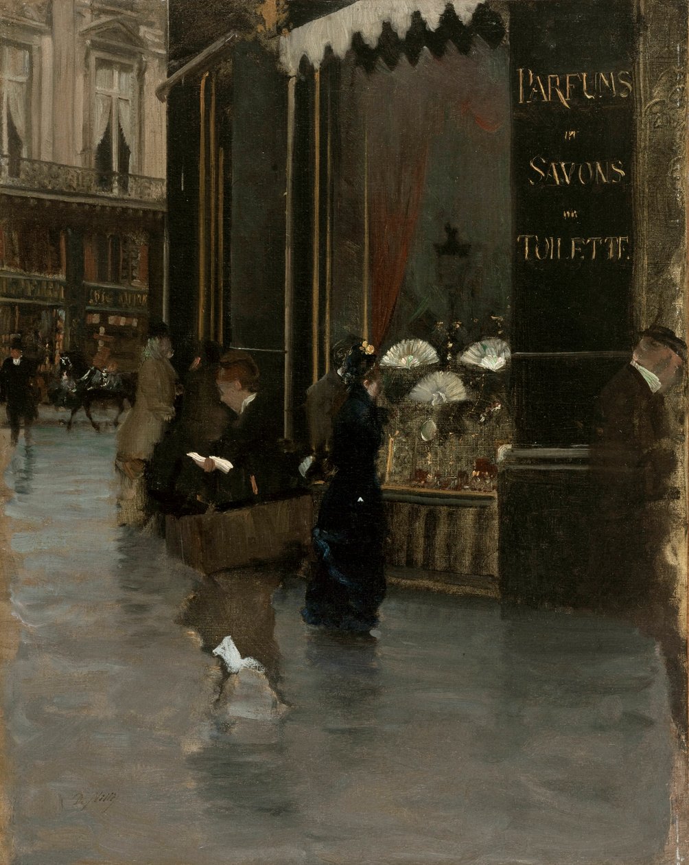 The Violet parfymeri, på hjørnet av boulevard des Capucines og rue Scribe, ca. 1880. av Giuseppe de Nittis