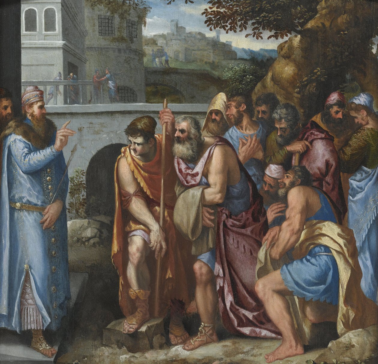 Joseph og hans brødre par Salviati, Giuseppe (1520-1575). Olje på tre, størrelse: 62x62 av Giuseppe della Porta Salviati