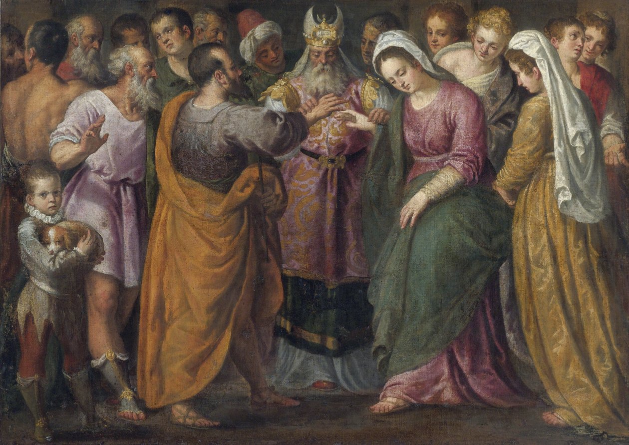 Le mariage de Marie et Joseph - Marias og Josephs ekteskap par Salviati, Giuseppe (1520-1575). Olje på lerret, størrelse: 116,8x164, , Privat samling av Giuseppe della Porta Salviati
