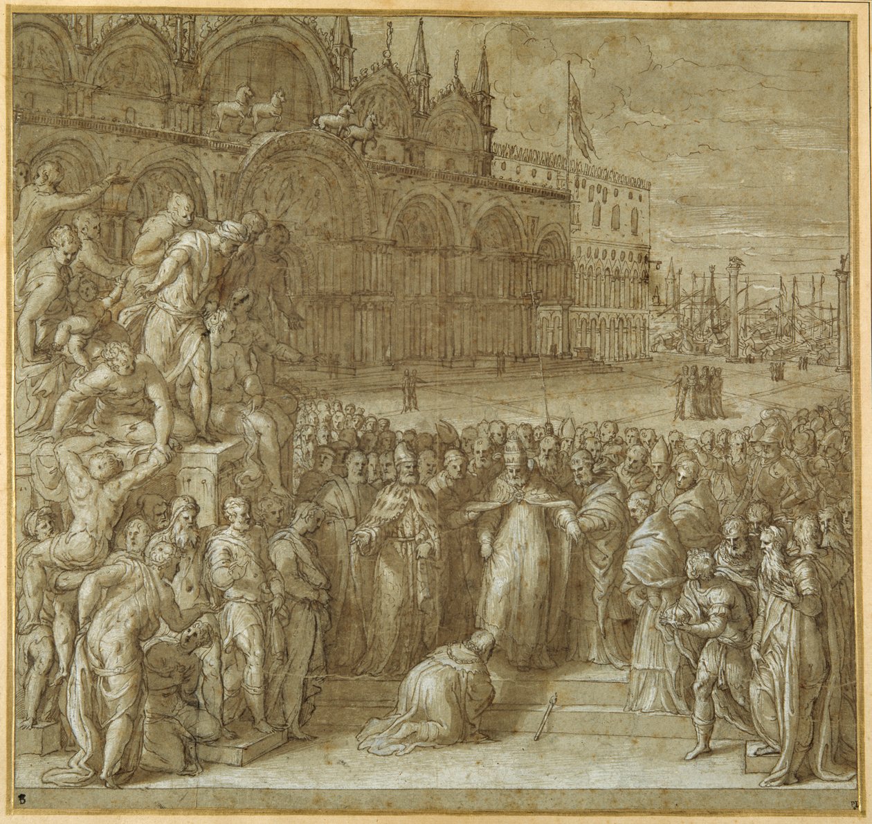 Forsoningen mellom pave Alexander III og Frederick Barbarossa, i nærvær av Doge Sebastiano Ziani (penn og brunt blekk med brun vask og forhøyning) av Giuseppe della Porta Salviati