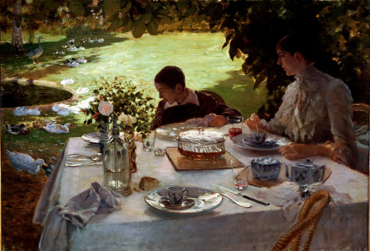 Frokost i hagen En mor og hennes sønn sitter ved et bord dekket til frokost og ser på gjess og ender i hagen. Maleri av Giuseppe de Nittis (1846-1894) 1884 Dim. 81x117 cm Barletta, Museo De Nittis av Giuseppe or Joseph de Nittis