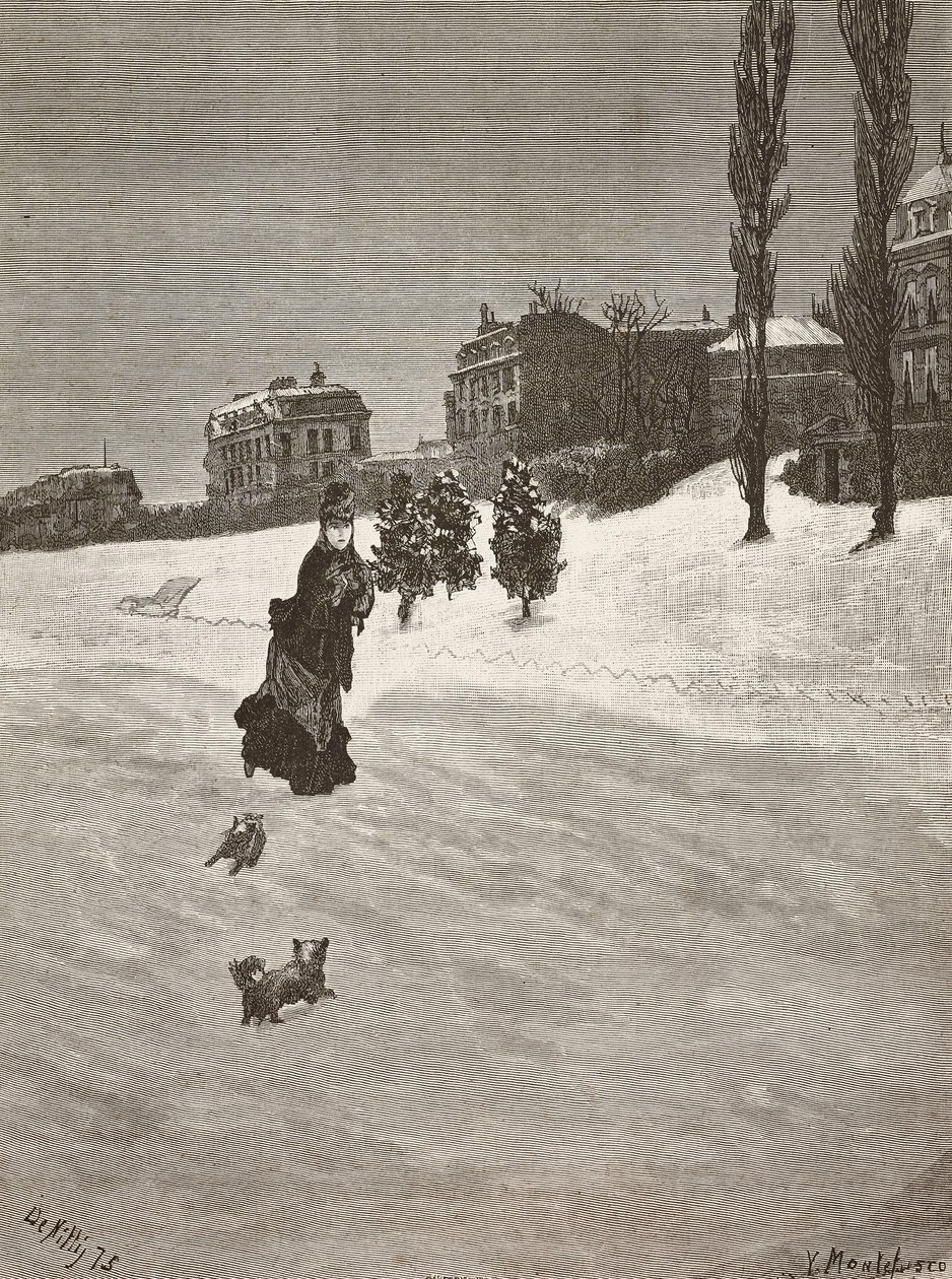 Det er kaldt!, kvinne som går i snøen, gravering fra et maleri av Giuseppe De Nittis, tegning av Montefusco, L'Illustrazione Italiana, nr. 60, 17. desember av Giuseppe or Joseph de Nittis