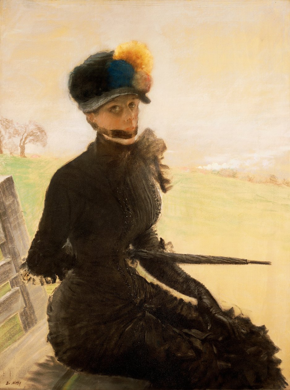 La femme aux pompoms (En kvinne med pompong), ca. 1879 (pastell på lerret) av Giuseppe or Joseph de Nittis
