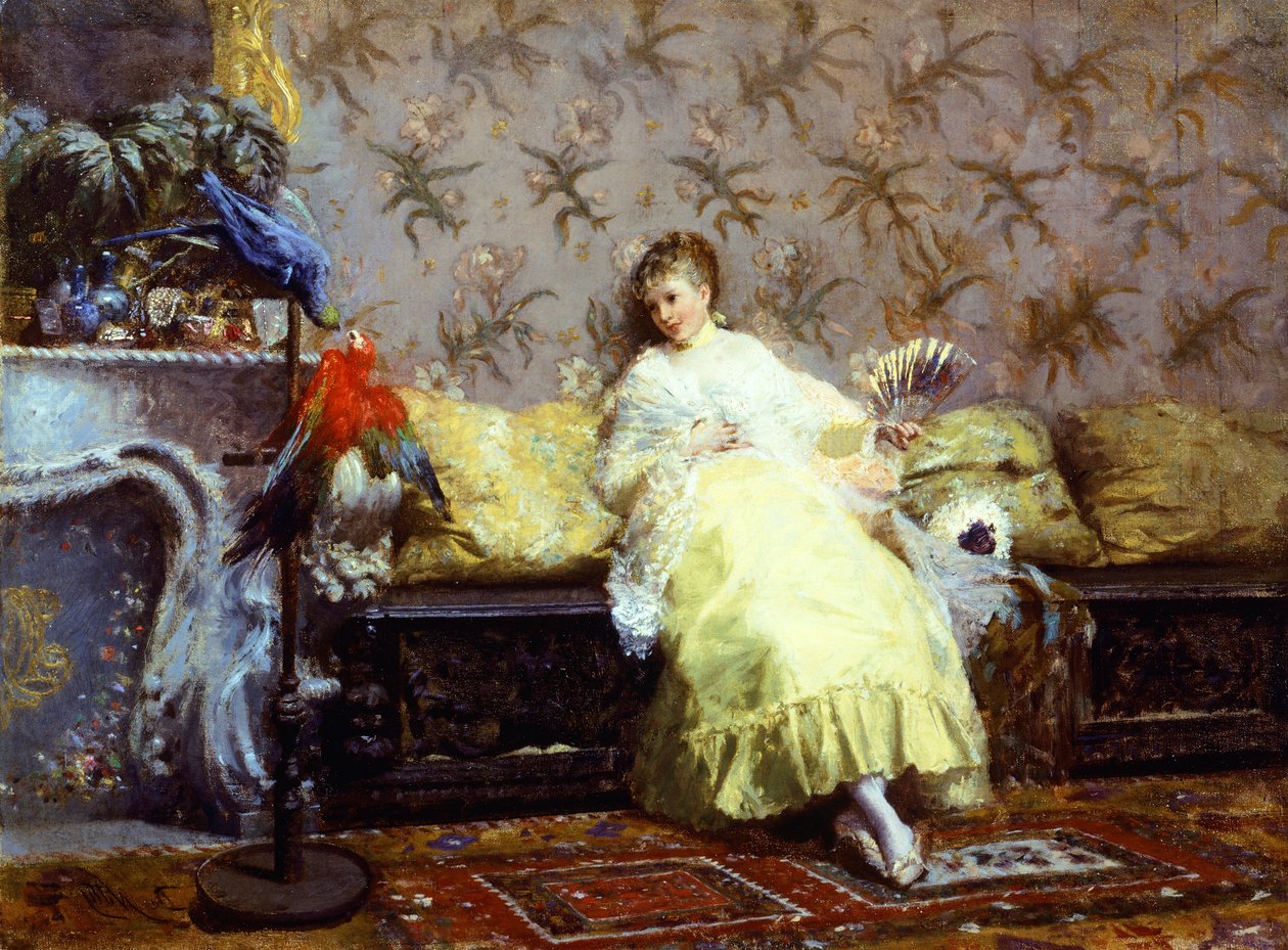 Dame med papegøyer, ca 1869, av Giuseppe de Nittis (1846-1884), olje på lerret, 24,2x23 cm. av Giuseppe or Joseph de Nittis